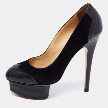 Pre Owned Charlotte Olympia Black Suede And Patent Leather Dolly Platform Pumps Size 36