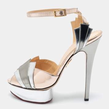 Pre Owned Charlotte Olympia Metallic Leather Platform Ankle Strap Sandals Size 40