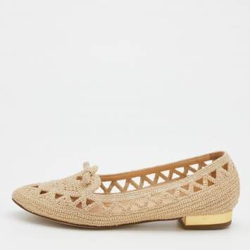 Pre Owned Charlotte Olympia Beige Woven Raffia Cut Out Ballet Flats Size 37