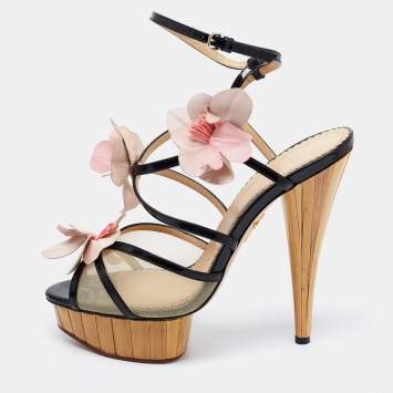 Pre Owned Charlotte Olympia Black/Beige Mesh And Patent Leather Flower Embellished Ankle Strap Sandals Size 39.5