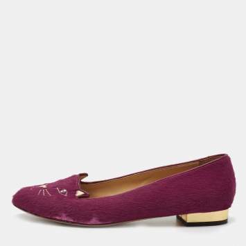 Pre Owned Charlotte Olympia Pink Calf Hair Kitty Ballet Flats Size 39