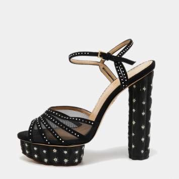 Pre Owned Charlotte Olympia Black Suede and Mesh Cactus Crystal Studded Ankle Strap Platform Sandals Size 40