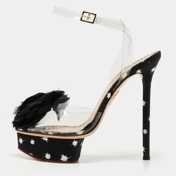 Pre Owned Charlotte Olympia Black PVC And Satin Pomoline Pom Pom Platform Sandals Size 37.5 