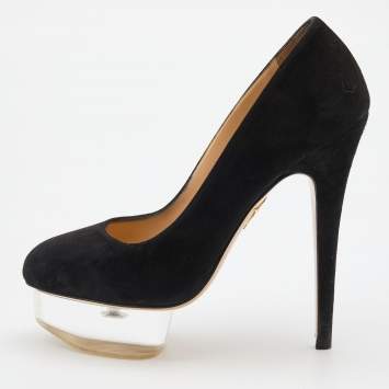 Pre Owned Charlotte Olympia Black Suede Dolly Platform Pumps Size 38