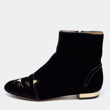 Pre Owned Charlotte Olympia Black Velvet Cat Embroidered Ankle Boots Size 38