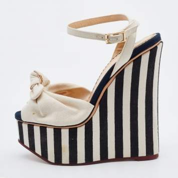 Pre Owned Charlotte Olympia White Canvas Bow Wedge Platform Ankle Strap Sandals Size 36