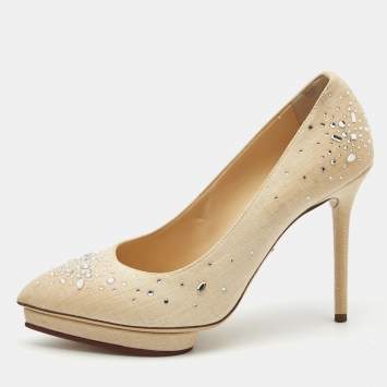 Pre Owned Charlotte Olympia Beige Canvas Crystal Embellished Pumps Size 37.5