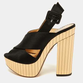 Pre Owned Charlotte Olympia Black Satin Wedge Ankle Strap Sandals Size 36 