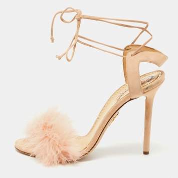 Pre Owned Charlotte Olympia Light Pink Suede and Fur Salsa Ankle Wrap Sandals Size 39