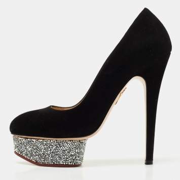 مملوكة مسبقًا Charlotte Olympia Black Suede Crystal Embellished Dolly Platform Pumps Size 37.5
