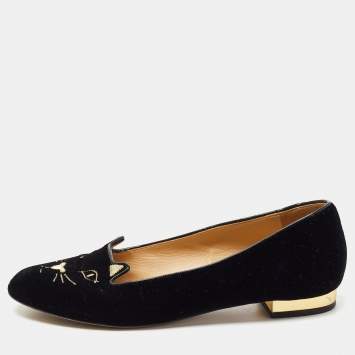 Pre Owned Charlotte Olympia Black Velvet Embroidered Kitty Ballet Flats Size 37.5