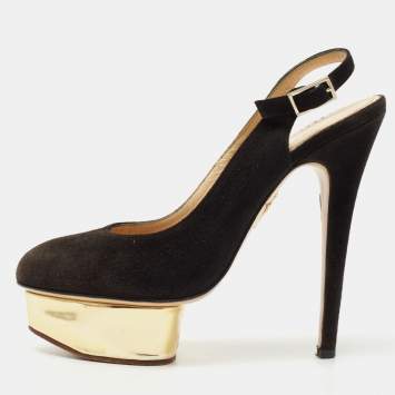 Pre Owned Charlotte Olympia Black Suede Dolly Platform Slingback Pumps Size 37.5