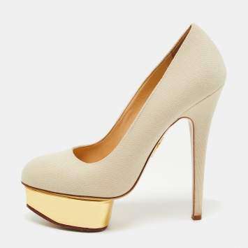 Pre Owned Charlotte Olympia Grey Canvas Dolly Platform Pumps Size 38