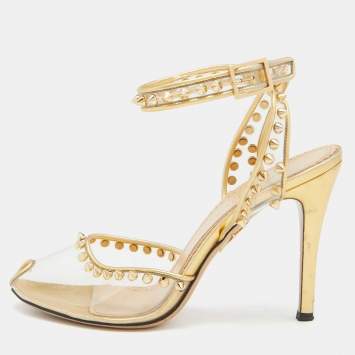 Pre Owned Charlotte Olympia Gold Studded PVC and Leather Soho Peep Toe Sandals Size 38