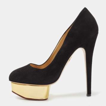 Pre Owned Charlotte Olympia Black Suede Dolly Platform Pumps Size 38