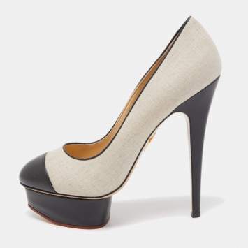 Pre Owned Charlotte Olympia Black/Beige Canvas and Leather Dolly Platform Pumps Size 39