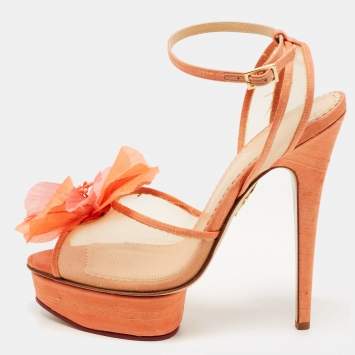Pre Owned Charlotte Olympia Pink Canvas And Mesh Flower Platform Sandals Size 40