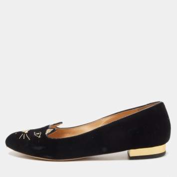 Pre Owned Charlotte Olympia Black Velvet Kitty Ballet Flats Size 38
