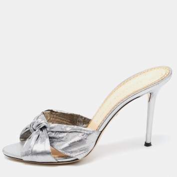 Pre Owned Charlotte Olympia Silver Fabric Knot Sandals Size 40