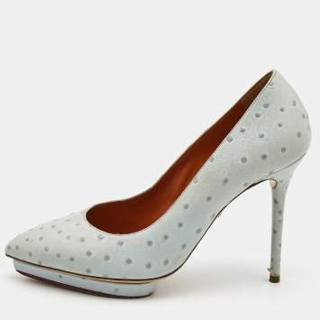 Pre Owned Charlotte Olympia Light Blue Embossed Ostrich Leather Debbie Pumps Size 39