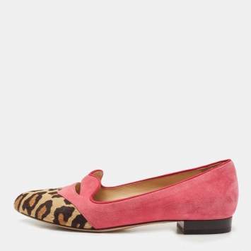 Pre Owned Charlotte Olympia Pink/Brown Suede and Calf Hair Smoking Loafers Size 36