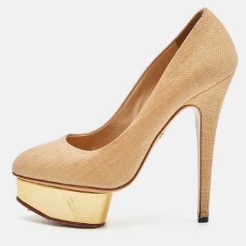 Pre Owned Charlotte Olympia Beige Raffia Platform Pumps Size 38