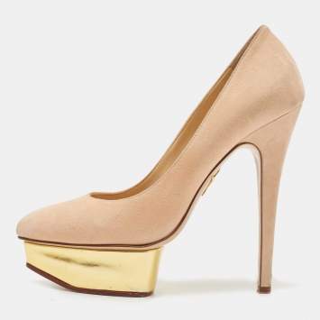 Pre Owned Charlotte Olympia Beige Suede Dolly Platform Pumps Size 37.5