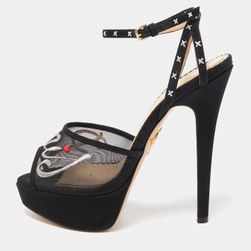 Pre Owned Charlotte Olympia Black Mesh and Canvas Platform Sandals Size 36.5