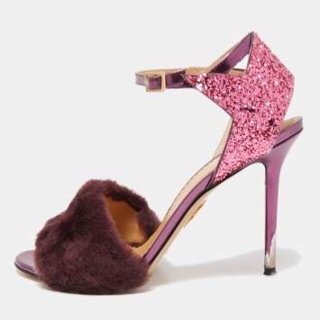 Pre Owned Charlotte Olympia Tricolor Fur and Glitter Caress Me Ankle Strap Sandals Size 41