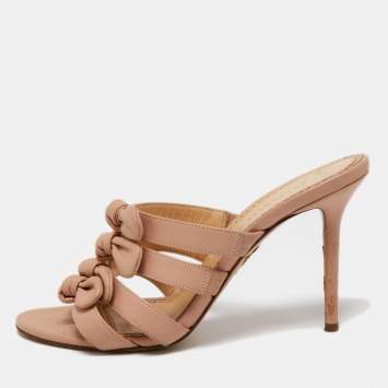 Pre Owned Charlotte Olympia Light Pink Leather Blyton Bow Slide Sandals Size 40