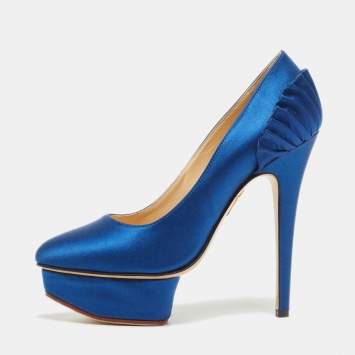 Pre Owned Charlotte Olympia Blue Satin Paloma Platform Pumps Size 36.5