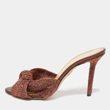 Pre Owned Charlotte Olympia Brown Lurex Fabric Knot Slide Sandals Size 37.5
