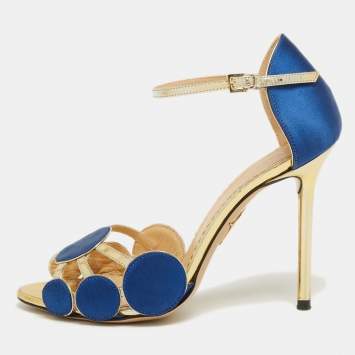 Pre Owned Charlotte Olympia Gold/Blue Satin and Leather Pumps Size 36