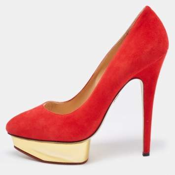 Pre Owned Charlotte Olympia Red Suede Dolly Platform Pumps Size 38.5