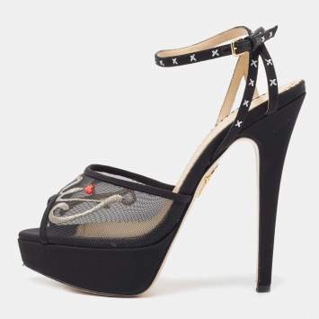 Pre Owned Charlotte Olympia Black Mesh and Canvas Platform Sandals Size 37.5