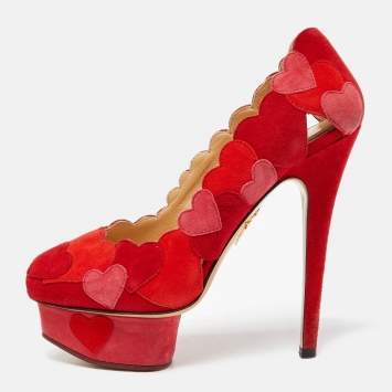 Pre Owned Charlotte Olympia Red/Pink Suede Love Me Heart Appliqued Dolly Pumps Size 36.5