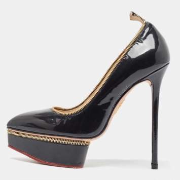 Pre Owned Charlotte Olympia x Agent Provocateur Black Patent Leather Zipper Detail Platform Pumps Size 35