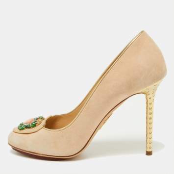 Pre Owned Charlotte Olympia Beige Suede Birthday Zodiac Cancer Pump Size 38.5