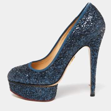 Pre Owned Charlotte Olympia Blue Glitter and Fabric Priscilla Platform Pumps Size 38