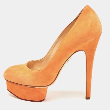 Pre Owned Charlotte Olympia Orange Suede Dolly Pumps Size 37