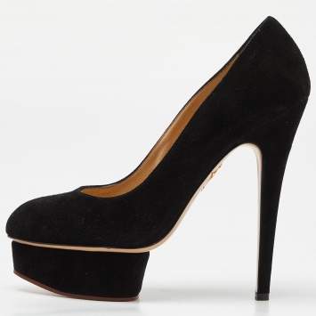 Pre Owned Charlotte Olympia Black Suede Dolly Platform Pumps Size 38.5
