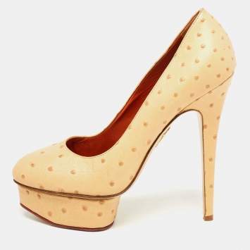Pre Owned Charlotte Olympia Beige Ostrich Leather Dolly Platform Pumps Size 40