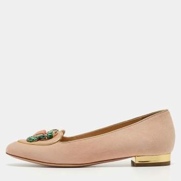 Pre Owned Charlotte Olympia Peach Suede Birthday Zodiac Cancer Ballet Flats Size 37.5