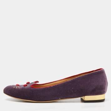Pre Owned Charlotte Olympia Purple Velvet Emoticats Cheeky Kitty Ballet Flats Size 39.5