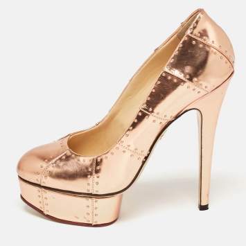 Pre Owned Charlotte Olympia Rose Gold Leather Studded Platform Pumps Size 38.5