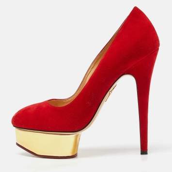 Pre Owned Charlotte Olympia Red Suede Dolly Platform Pumps Size 37