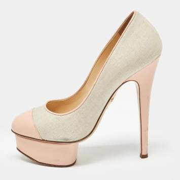 Pre Owned Charlotte Olympia Pink/Grey Canvas and Leather Dolly Pumps Size 36
