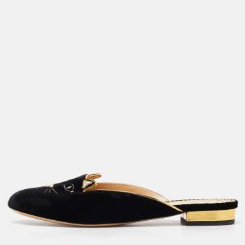 Pre Owned Charlotte Olympia Black Velvet Kitty Slip On Flat Mules Size 38.5