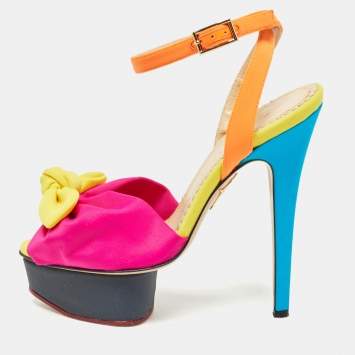 Pre Owned Charlotte Olympia Multicolor Fabric Serena Bow Platform Ankle Strap Sandals Size 35