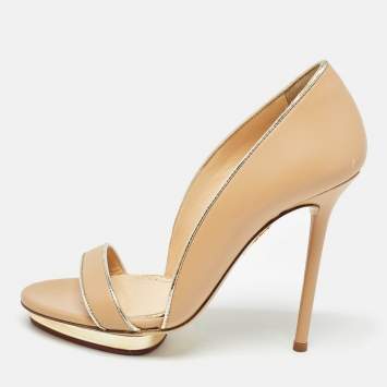 Pre Owned Charlotte Olympia Beige Leather Christine Pumps Size 36.5